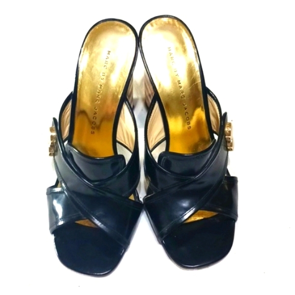 Marc By Marc Jacobs Gold and Black Block Heels Open Toe Mules Size 6 - Picture 2 of 9